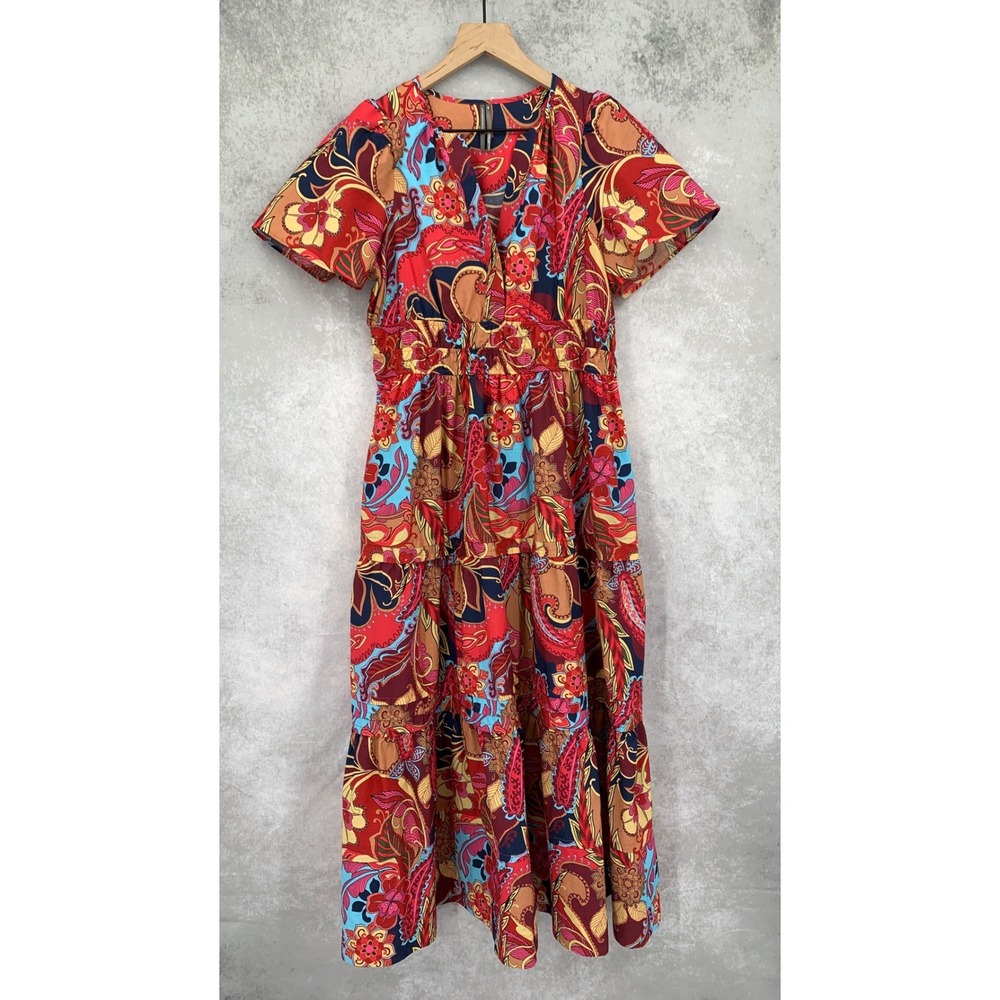 Anthropologie Somerset Dress Women Small Petite Red Paisley Maxi Colorful